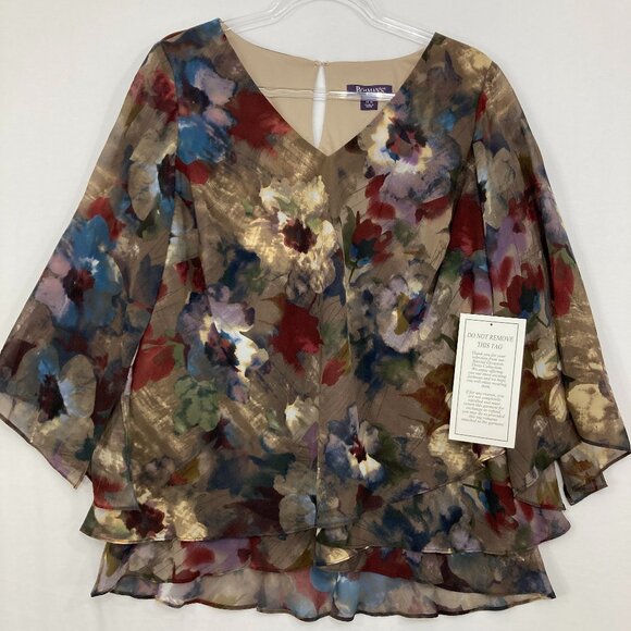 New Roaman's size 14W V Neck Floral Layered Chiffon Flowy Blouse - Picture 1 of 12